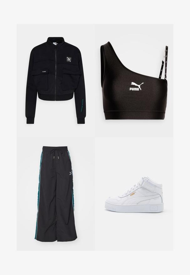 Sort cropped zip-up jakke lavet af blødt stof, med to forlommer, et Puma logo patch, og teal tekst på ærmet.; Sort sports-bh med én skulderstrop, med et hvidt Puma-logo. Glat, strækbart materiale med et elegant design og kontrastdetaljer på stropperne.; Sorte bukser med bred benvidde, som har en snøre i taljen, teal-farvede sidelægger og hvide accentstriber. Fremstillet af et glat og let materiale.; Hvide høj-top sneakers med en glat læderoverdel, flade snørebånd, polstret krave og en struktureret gummisål med logo accenter.