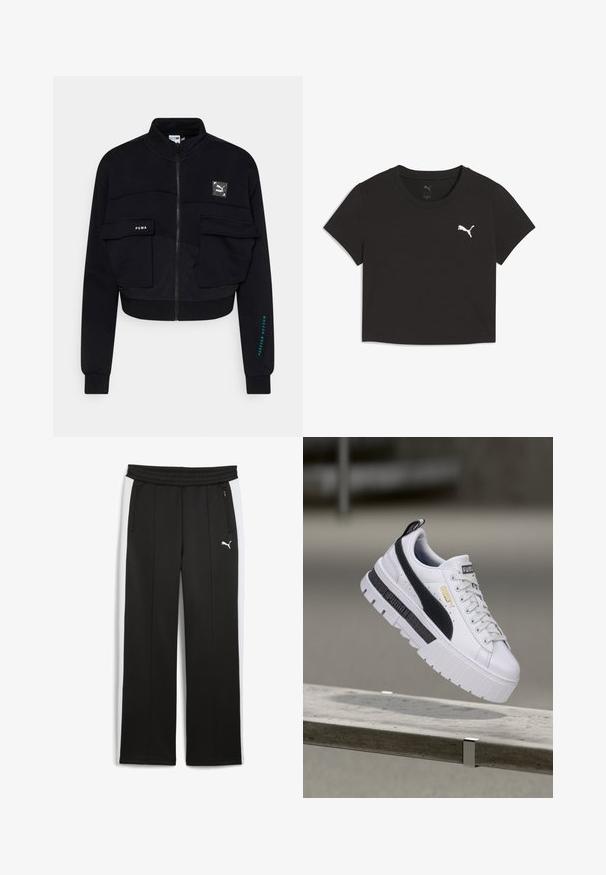 Zwarte korte zip-up jas van zacht materiaal, met twee voorzakken, een Puma-logo patch en turquoise tekst op de mouw.; Zwarte cropped T-shirt van katoen, met een ronde halslijn en korte mouwen. Witte Puma-logo gedrukt op de linkerborst.; Zwarte sportieve broeken met witte zijstrepen, gemaakt van zachte stof. Voorzien van een elastische tailleband en ritszakken voor veilige opslag.; Witte Puma platform sneaker met zwarte streep en gouden logo, zwevend boven een betonnen bankje in een buitenomgeving.