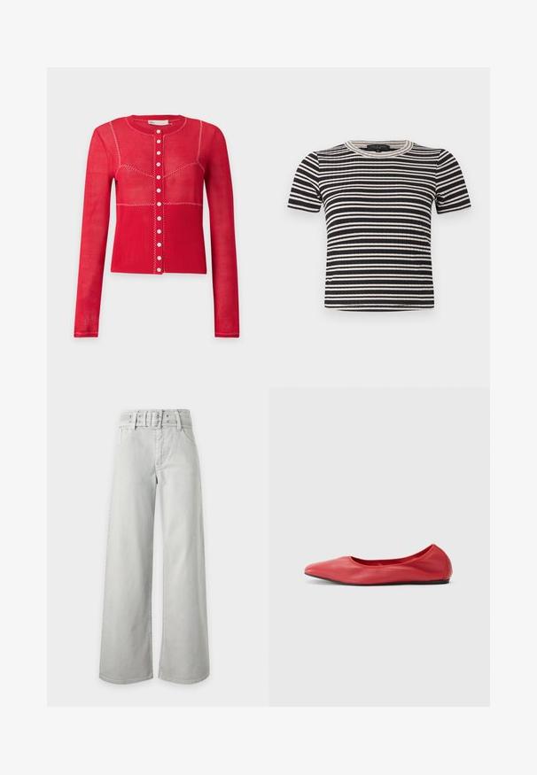 Cardigan rouge à manches longues avec boutons, coutures blanches en zigzag et partie inférieure côtelée sur fond gris clair uni.; Haut côtelé à manches courtes avec des rayures horizontales noires et blanches, col rond et coupe ajustée.; Jean gris clair taille haute à jambes larges, avec poches avant, passants de ceinture et ceinture en tissu assortie avec boucle.; Filippa K REY FLATS - Ballerines - bright red
