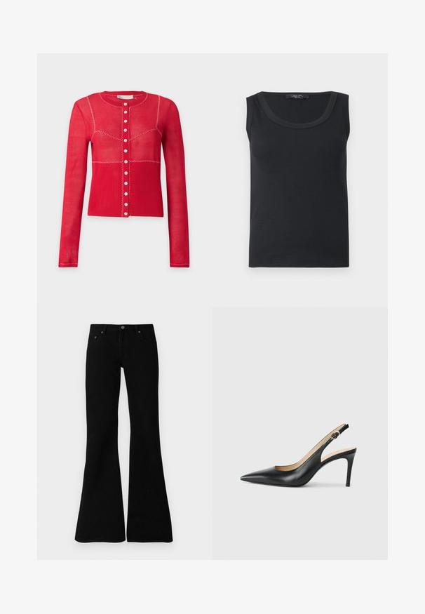 Cardigan rouge à manches longues avec boutons, coutures blanches en zigzag et partie inférieure côtelée sur fond gris clair uni.; Débardeur noir côtelé sans manches avec encolure dégagée, présenté à plat sur un fond blanc.; Jean évasés noirs en denim, avec un design classique à cinq poches, fermeture à bouton et détails de couture subtils le long des coutures.; Escarpins en cuir noir avec une pointe fine, une bride ajustable et un talon aiguille élégant, présentant une finition lisse.