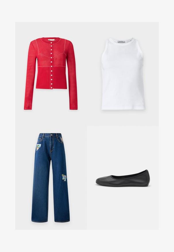 Roter langärmeliger Knopf-Cardigan mit weißen Zickzacknähten und gerippter unterer Hälfte auf schlichtem hellgrauem Hintergrund.; Weißer, gerippter Tanktop mit rundem Ausschnitt, ärmellosem Design und kleinem Logo auf der Vorderseite. Glatte Textur und figurbetonter Schnitt.; Dunkelblaue Denim-Hosen mit weitem Bein und zwei bunten Stickereipatches auf der Vorderseite. Verfügt über Standardtaschen und sichtbare Nähte.; Schwarze Leder-Ballettschuhe mit abgerundeter Spitze, glatter Textur, minimalen Nähdetails und einem flexiblen Sohlen-Design.