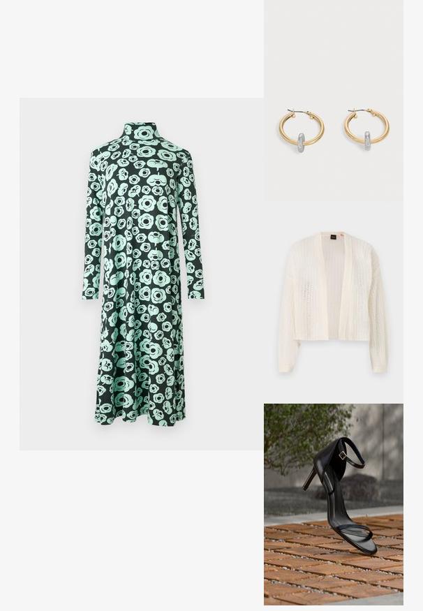 Åben strikket cardigan lavet af let materiale i off-white, med lange ærmer og en cropped kant. Ingen lukninger eller yderligere funktioner.; Langærmet kjole med høj hals og udvidet skødesøm, der har en sort base og et lyst turkis abstrakt blomsterprint.; Sort højhælet sandal med ankelsnor, der ser ud til at svæve over et trægulv udendørs med sløret grønt og sten i baggrunden.; Par guldtonede hoop øreringe med lille sølvfarvet loop-detalje på hver, vist mod lysegrå baggrund.