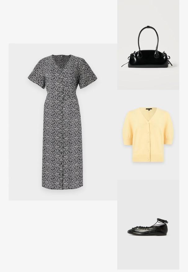 Cárdigan de manga corta amarillo suave con escote en V, cinco botones delanteros cubiertos y puños y dobladillo acanalados.; Vestido con estampado floral en blanco y negro, de manga corta, escote en V profundo, con botones en la parte delantera, hasta la rodilla, hecho de tela ligera, con un ajuste cómodo.; Zapatos planos tipo ballet de charol negro con punta redondeada, diseño con cordones y suela plana. Textura lisa con detalles mínimos.; Pequeño bolso negro brillante con dos asas largas y detalles de cordón lateral sobre un fondo claro liso.