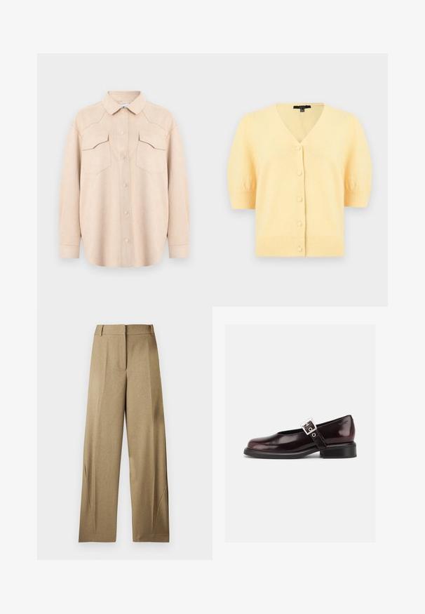 Cardigan jaune pâle à manches courtes avec encolure en V, cinq boutons recouverts sur le devant, et poignets et ourlet côtelés.; Chemise beige clair à manches longues avec col, fermeture à boutons et deux poches poitrine à rabat, présentée sur un fond clair uni.; Pantalon beige à jambes larges avec passants de ceinture, pli avant, et détails discrets sur les coutures latérales, présenté de face sur un fond uni.; Chaussure Mary Jane unique brillante couleur bordeaux foncé avec une large bride et une boucle argentée, talon bloc bas et bout arrondi sur fond blanc.
