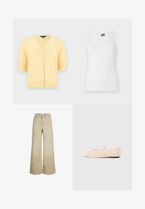 Blød gul kortærmet cardigan med V-hals, fem skjulte knapper foran og ribstrikkede ærmekanter og kant forneden.; Hvid ribbet tanktop med rund halsudskæring og ærmeløst design, lavet af en blød bomuldsblanding med en tætsiddende silhuet.; Beige højttaljede vidde-benet jeans med knap og lynlås foran, bæltestropper og forlommer.; Luftig, cremefarvet hjemmesko med en blød tekstur, rund tå, minimalistisk design og en lille stofsløjfe på bagsiden for nem påtagning.