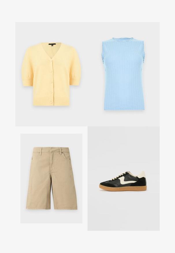 Cardigan jaune pâle à manches courtes avec encolure en V, cinq boutons recouverts sur le devant, et poignets et ourlet côtelés.; Haut tricoté sans manches bleu clair avec un motif vertical subtil et un petit volant sur l'encolure et les emmanchures.; Shorts en coton beige longueur genou avec passants de ceinture, poches avant et fermeture éclair sur fond blanc.; Baskets en daim et cuir noir avec un swoosh latéral crème et un talon crème clair. Dotées de lacets beige et d'une semelle en caoutchouc gomme.