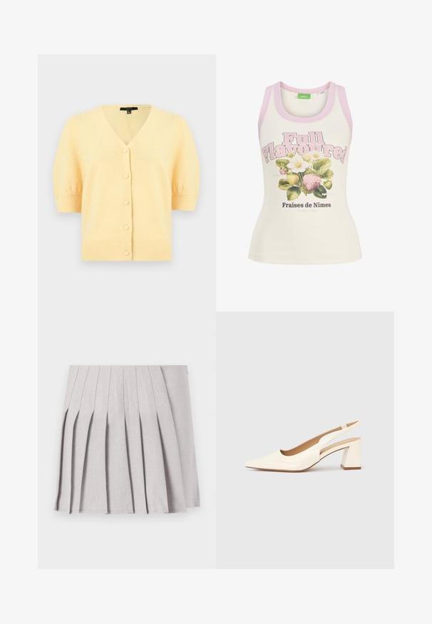 Cárdigan de manga corta amarillo suave con escote en V, cinco botones delanteros cubiertos y puños y dobladillo acanalados.; Camiseta sin mangas crema con ribete rosa, texto "Full Flavoured" e ilustración de fresas y flores blancas con texto en francés debajo.; Falda gris con pliegues y una textura suave, que presenta múltiples pliegues verticales y una cintura ajustada. Fabricada con un tejido ligero.; Zapato de salón con tira trasera en charol crema brillante, con punta afilada y tacón cuadrado grueso para mayor estabilidad. Diseño minimalista, sin adornos.