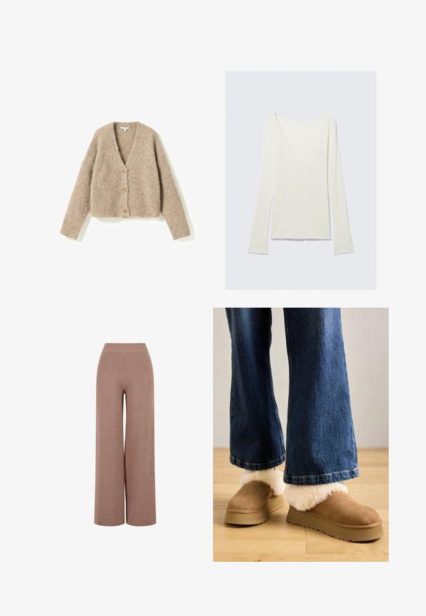 Cardigan beige en maille duveteuse à manches longues avec trois boutons marron sur le devant, posé à plat sur un fond blanc.; Haut blanc à manches longues ajustées avec un profond décolleté en V et des manches légèrement évasées, présenté sur un fond gris clair uni.; Pantalons en maille marron à jambe large avec un tissu texturé, dotés d'une taille élastique et d'une coupe ample pour le confort.; Chaussons en daim marron avec un épais revers en fourrure légère, montés sur une semelle plateforme beige, associés à un jean en denim à coupe large.