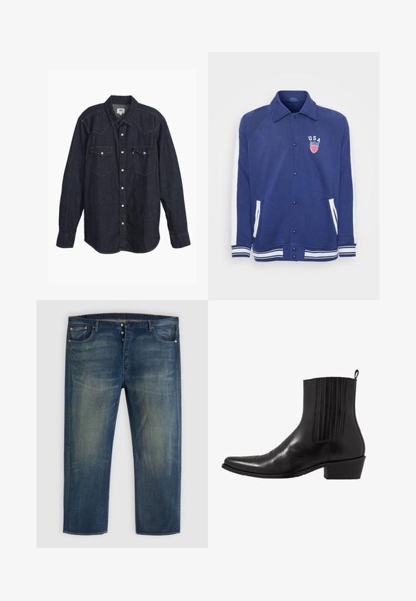 Marineblaue Jacke mit weißen Akzenten, Knopfverschluss und Seitentaschen. Verfügt über ein "USA"-Emblem mit Sternen und Streifen, gerippte Bündchen und Saum.; Dunkelblauses Denim-Hemd mit langen Ärmeln und spitzem Kragen, zwei Brusttaschen, weißen Knöpfen und kontrastierendem gelbem Stich. Glattes, robustes Material.; Blaue Denim-Jeans mit Knopfverschluss, klassischem Fünf-Taschen-Design und verblasstem Detail an Oberschenkeln und Knien.; Schwarze Leder- ankle boot mit spitzem Zehenbereich, elastischen Seitenpaneelen, vertikalen Steppnähten und einem niedrigen Blockabsatz.