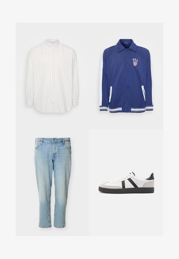 Marineblaue Jacke mit weißen Akzenten, Knopfverschluss und Seitentaschen. Verfügt über ein "USA"-Emblem mit Sternen und Streifen, gerippte Bündchen und Saum.; Hemd mit Knopfleiste in Weiß und hellbeigen Streifen, lange Ärmel, Tasche auf der linken Brust, klassischer Kragen, leichtes Material.; Hellblaue Jeans aus Denim mit klassischem Fünf-Taschen-Design, Knopfverschluss und geradem Bein auf weißem Hintergrund.; Weiße Sneaker mit schwarz- und grau-aczenten, ausgestattet mit einer strukturierten grauen Zehenkappe, schwarzer Gummi-Sohle und flachen weißen Schnürsenkeln. Sauberes Design, minimalistische Stil.