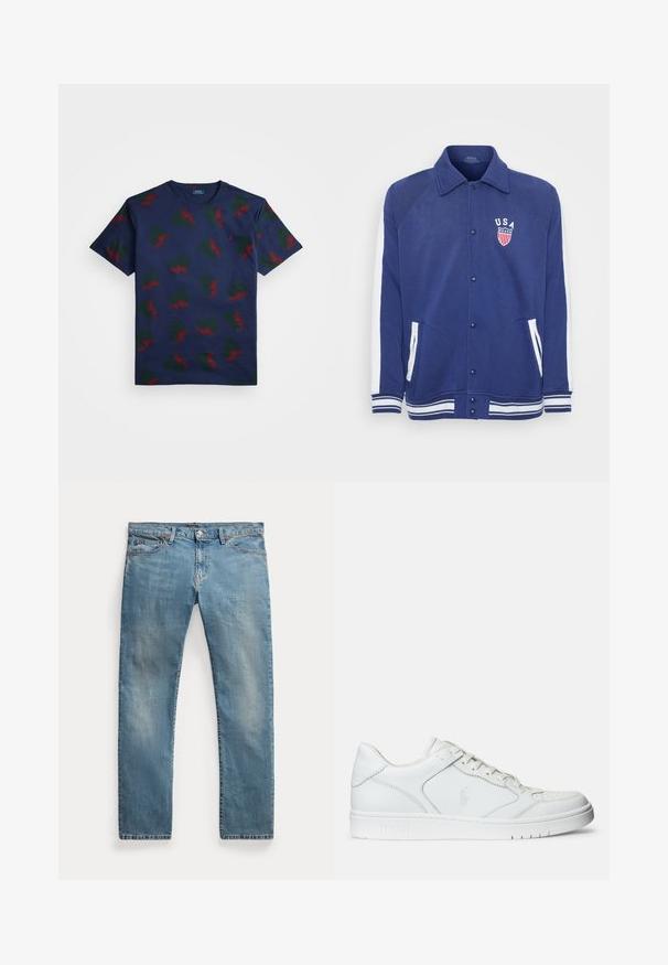 Marineblå jakke med hvide detaljer, knaplukning og sidelommer. Har et "USA" emblem med stjerner og striber, ribbede manchetter og kant.; Marineblå bomulds t-shirt med et gentaget mønster af røde og grønne vinge-designs. Har rund hals og korte ærmer.; Lyseblå straight-leg denim jeans med forlommer, bæltestropper, knaplukning og let falmede detaljer.; Hvide lædersneakers med en glat tekstur, der har en perforeret tå, snørebåndslukning og broderet logo på siden. Hvid gummisål.