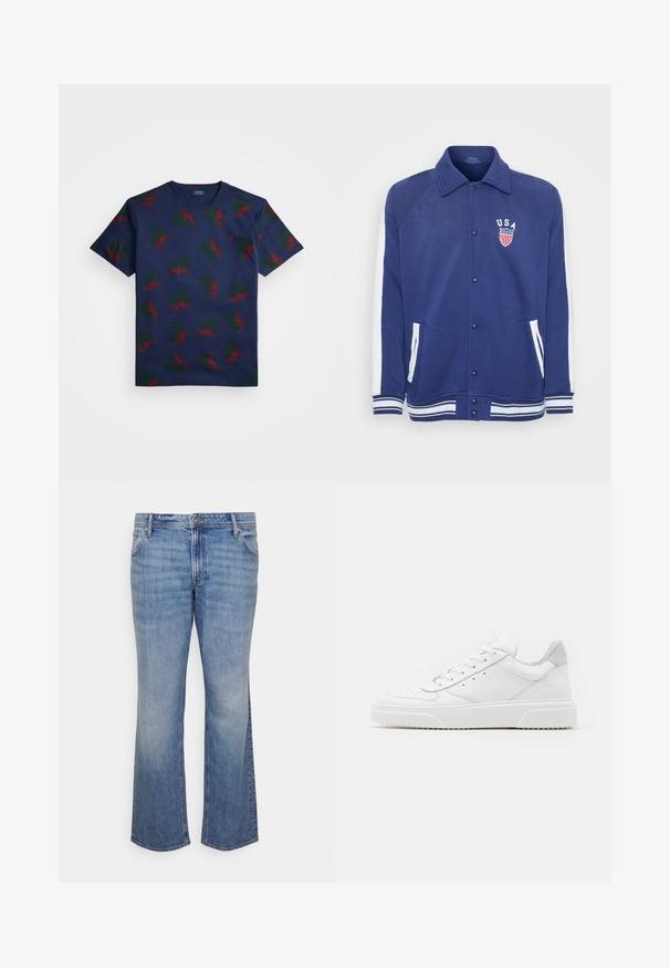 Chaqueta de color azul marino con acentos blancos, cierre de botones y bolsillos laterales. Presenta un emblema de "EE. UU." con estrellas y rayas, puños y dobladillo acanalados.; Camiseta de algodón azul marino con un patrón repetido de diseños alados en rojo y verde. Presenta un cuello redondo y mangas cortas.; Jack & Jones JJIMIKE JJORIGINAL - Vaqueros boyfriend - blue denim; Zapatillas de cuero blanca con un acabado suave, punta redondeada, cordones planos y una suela texturada. Acento de ante gris en el talón.
