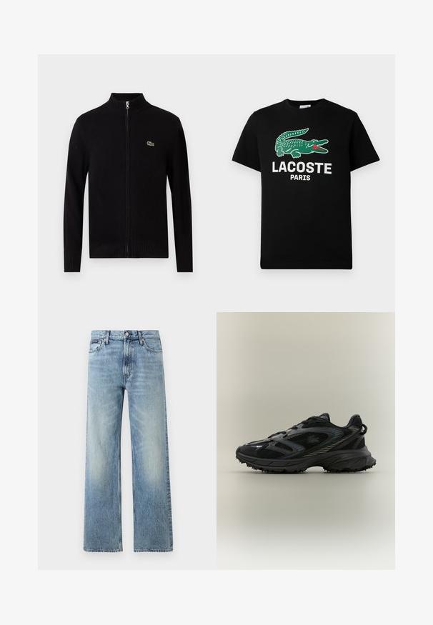 Schwarze Reißverschluss-Strickjacke aus geripptem Material mit hohem Kragen und einem kleinen grünen Logo auf der linken Brust.; Schwarzes Baumwoll-T-Shirt mit grünem Krokodil-Logo und dem Text "LACOSTE PARIS" in Weiß. Kurze Ärmel und klassischer Rundhalsausschnitt.; Hellblaue Jeans mit geradem Bein, hohem Bund, fünf Taschen, Knopfverschluss und dezentem Verblassen an Oberschenkeln und Knien.; Schwarzer Sportschuh mit Netz панели, einer strukturierten Sohle, Schnürsenkeln und einer geschwungenen Silhouette mit silbernen Akzenten an den Seiten.