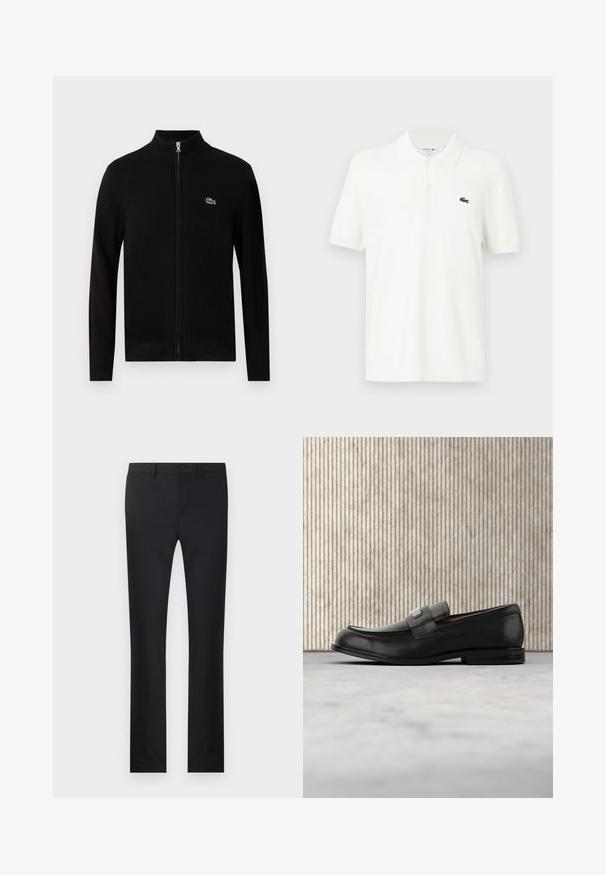 Cardigan zippé noir en maille côtelée, avec un col haut et un petit logo vert sur la poitrine gauche.; Polo-shirt blanc en coton lisse avec un col classique, patte de boutonnage à trois boutons et un petit logo crocodile vert sur la poitrine.; Pantalon noir avec une coupe droite, confectionné dans un tissu lisse. Dispose de poches avant, d'une fermeture à bouton et de passants de ceinture.; Mocassin en cuir noir avec une plaque de marque en métal reposant près d'une table ronde marron sur un sol recouvert de moquette beige.