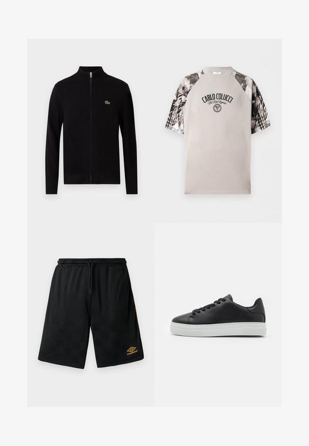 Sort zip-up cardigan lavet af ribstrikket materiale, med høj krave og et lille grønt logo på venstre bryst.; Beige T-shirt med korte ærmer med sort-hvidt abstrakt mønster på ærmerne samt teksten og logoet "CARLO COLUCCI The Knit Legend" på brystet.; Sorte sportskort med subtilt ternet mønster, elastisk talje med snor, guld Umbro-logo på nederste ben og guld side Striber.; Sorte lædersneakers med rund tå, hvid gummisål og sorte snørebånd. Har en glat overflade og minimalistisk design.