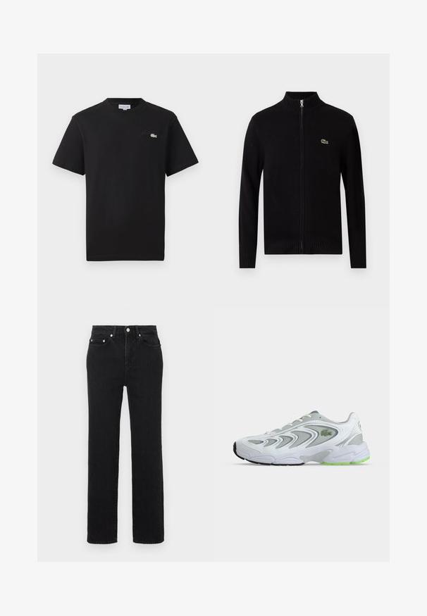Cárdigan negro con cremallera elaborado en material de punto acanalado, con un cuello alto y un pequeño logo verde en el lado izquierdo del pecho.; Camiseta de algodón negra con cuello redondo. Presenta un pequeño logo de Lacoste bordado en verde y blanco en el pecho. Mangas cortas, corte regular.; Pantalones vaqueros negros de talle alto y corte recto, con bolsillos delanteros y traseros, cierre de botón plateado y trabillas para cinturón sobre un fondo blanco.; Zapatilla deportiva blanca y gris con detalles verdes y logo, paneles de malla y una suela gruesa y acolchada, mostrada de lado sobre un fondo liso.