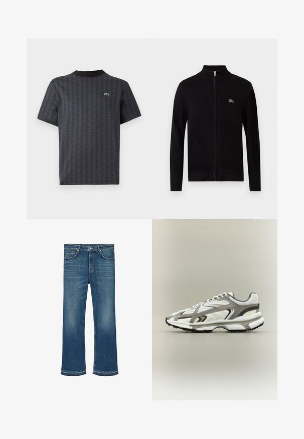 Zwarte ritssluiting cardigan van ribgebreid materiaal, met een hoge kraag en een klein groen logo op de linkerborst.; Zwarte korte mouwen t-shirt met een geometrisch patroon en een groene krokodillenlogo, met een effen zwarte ronde hals.; Blauwe rechte spijkerbroek met voorkantzakken, knoopsluiting en subtiele vervaagde details op de dijen en knieën.; Sportschoen met een witte mesh bovenkant, grijze accenten, zwarte rubberen zool en een gestroomlijnd ontwerp. Bevat veters en textuurdetails.