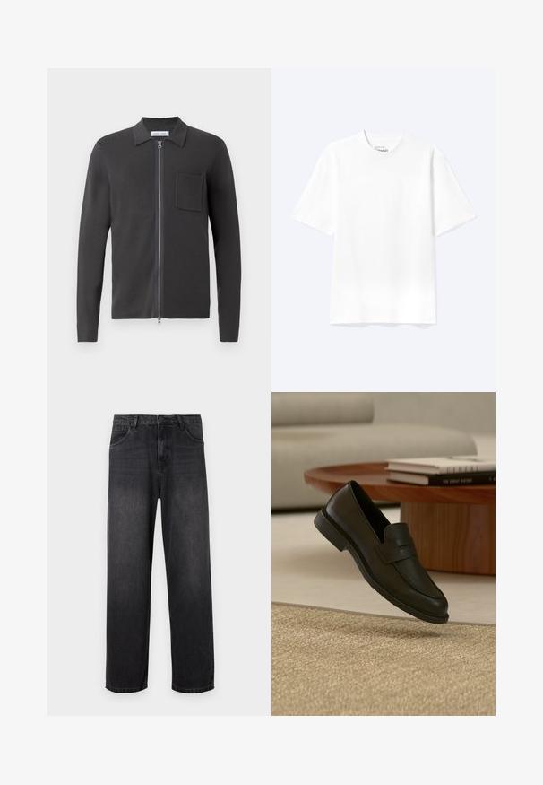 Samsøe Samsøe GUNA ZIP - Chaqueta de punto - black oyster; Camiseta lisa blanca de manga corta y cuello redondo con un corte relajado, mostrada sobre un fondo claro.; Jeans de denim gris oscuro con un diseño de pierna recta, que cuentan con un cierre de cremallera, cinco bolsillos y sutiles detalles de desvanecimiento en la tela.; Zapato mocasín de cuero negro mostrado en el aire sobre una alfombra beige tejida, con una mesa de madera y libros apilados en una sala de estar con luz suave.