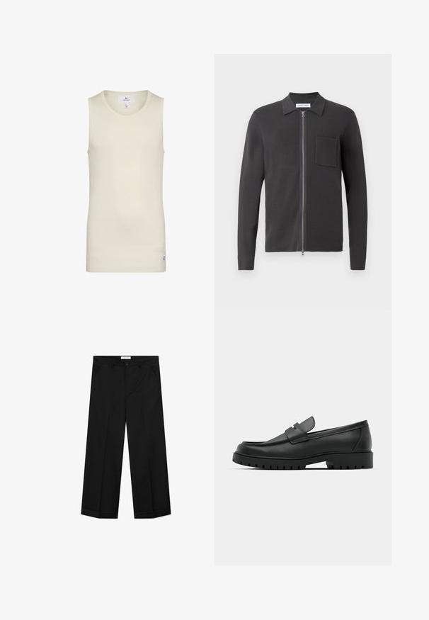 Samsøe Samsøe GUNA ZIP - Chaqueta de punto - black oyster; Top sin mangas de color beige claro, hecho de tela acanalada, con escote redondo y una pequeña etiqueta en el dobladillo. Diseño simple y ajustado.; Pantalones negros de pierna ancha hechos de un material liso, con bolsillos delanteros, cierre de botón y una plancha a lo largo de cada pierna.; Mocasines de cuero negro con punta redonda, que cuentan con un diseño cosido, suela de plataforma baja y una suela de goma texturada y con tacos.