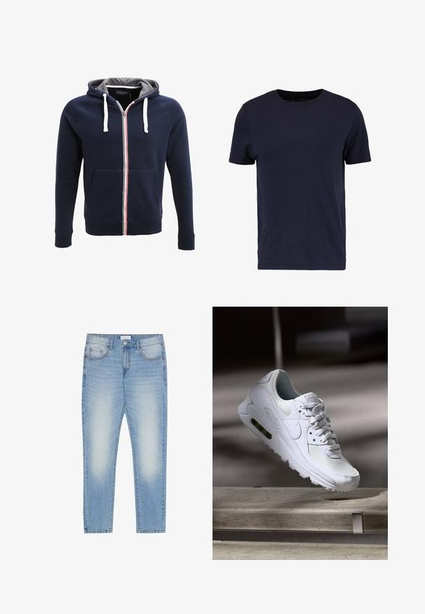 Námornícky zip-up mikina s šedým interiérom, bielymi šnúrkami a červenobielym pruhom uprostred. Má predné vrecká.; Pier One by Zalando Základné tričko - dark blue; Svetlomodré džínsy s klasickým strihom, s piatimi vreckami, s miernym blednutím vpredu a rovnými nohavicami.; Biele tenisky Nike Air Max 90 s vrchnou časťou z kože a sieťoviny, perforovanou špičkou a viditeľnou vzduchovou jednotkou v päte.