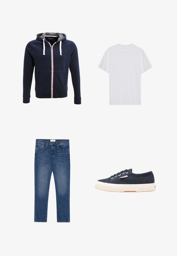 Marineblå zip-up hoodie med grå inderside, hvide snore og en rød og hvid stribe ned ad midten. Har frontlommer.; Hvid bomulds T-shirt med korte ærmer, rund hals og en glat tekstur. Har minimal branding på halsudskæringen.; Herre blå denim jeans med lige pasform, fem lommer, let falmning og standard knap- og lynlås lukning.; Marineblå canvas sneakers med hvid gummisål, tekstureret vamp, rund tå, fem øjestik, og et logo-patch på siden.