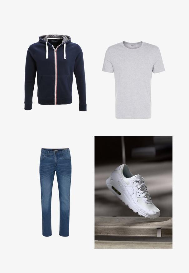 Marineblaue Zip-Hoodie mit grauem Innenfutter, weißen Kordeln und einem roten und weißen Streifen in der Mitte. Verfügt über Fronttaschen.; Graues Baumwoll-T-Shirt mit Rundhalsausschnitt, kurzärmlig und schlichtem Design, das eine weiche, glatte Textur aufweist und keine sichtbaren Muster oder Verzierungen hat.; Denim-Jeans in einem mittleren Blauton mit geradem Schnitt. Zu den Merkmalen gehören das klassische Fünf-Taschen-Design und dezente Verblassungsmuster auf dem Stoff.; Weiße Nike Air Max 90 Sneaker mit einem Obermaterial aus Mesh und Leder, durchlässigem Zehenbereich und einer sichtbaren Air-Einheit in der Ferse.