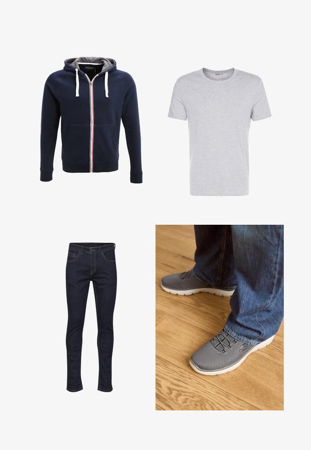 Námornícky zip-up mikina s šedým interiérom, bielymi šnúrkami a červenobielym pruhom uprostred. Má predné vrecká.; Sivá bavlnená tričko s okrúhlym výstrihom, krátkymi rukávmi a jednoduchým dizajnom, s jemnou, hladkou textúrou a bez viditeľných vzorov alebo ozdôb.; Tmavé džínsy s úzkym strihom, s piatimi vreckami, oranžovým prešitím a klasickým zapínaním na gombík v páse.; Šedé športové topánky s sieťovinou, bielou podrážkou a elastickými šnúrkami. V kombinácii s modrými džínsami na drevenej podlahe.