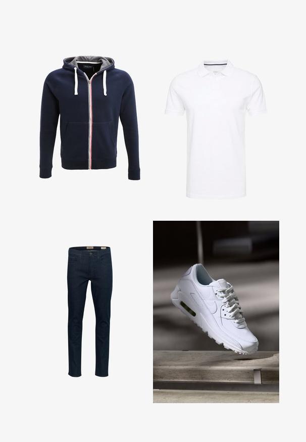 Hoodie zippé bleu marine avec un intérieur gris, des cordons blancs et une bande rouge et blanche au centre. Comprend des poches avant.; Polo shirt blanc en coton, avec un col traditionnel, des manches courtes et une patte de boutonnage à trois boutons, avec des accents navy discrets à l'intérieur.; Jean en denim bleu foncé avec une coupe slim, cinq poches et une fermeture à bouton à l'avant. Présente des coutures discrètes et une texture lisse.; Baskets blanches en cuir avec des surfaces texturées, un col rembourré et un amorti d'air visible dans la semelle. Elles possèdent des lacets et un design minimaliste.
