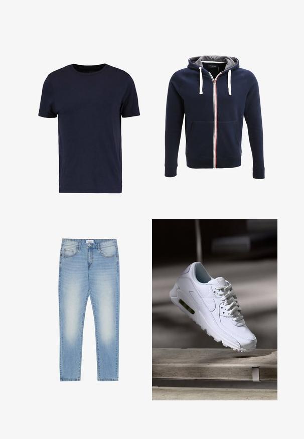 Marineblauwe zip-up hoodie met een grijze binnenkant, witte trekkoorden en een rood-witte streep in het midden. Voorzien van voorzakken.; Pier One by Zalando T-shirt basic - dark blue; Lichtblauwe denim jeans met een reguliere pasvorm, vijf zakken, lichte slijtage aan de voorkant en een recht gesneden pijp.; Witte leren sneaker met gestructureerde oppervlakken, gevoerde kraag en zichtbare luchtbescherming in de zool. Heeft veters en een minimalistisch ontwerp.