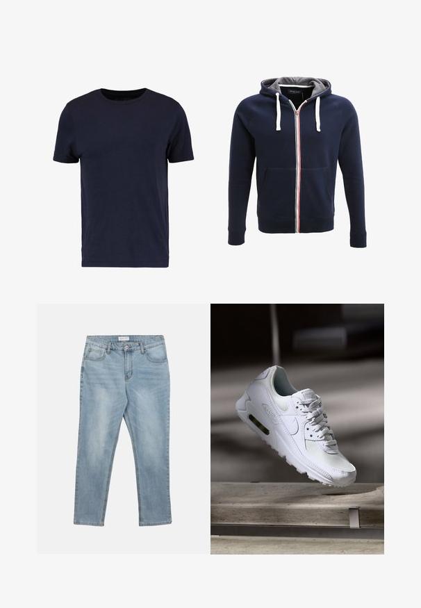 Hoodie zippé bleu marine avec un intérieur gris, des cordons blancs et une bande rouge et blanche au centre. Comprend des poches avant.; Pier One by Zalando T-shirt basique - dark blue; Jean en denim bleu clair avec bouton et fermeture éclair à l'avant, passants pour ceinture et cinq poches, posé à plat sur un fond blanc.; Sneaker Nike Air Max 90 blanche avec une tige en mesh et cuir, une boîte à orteils perforée et une unité air visible au talon.