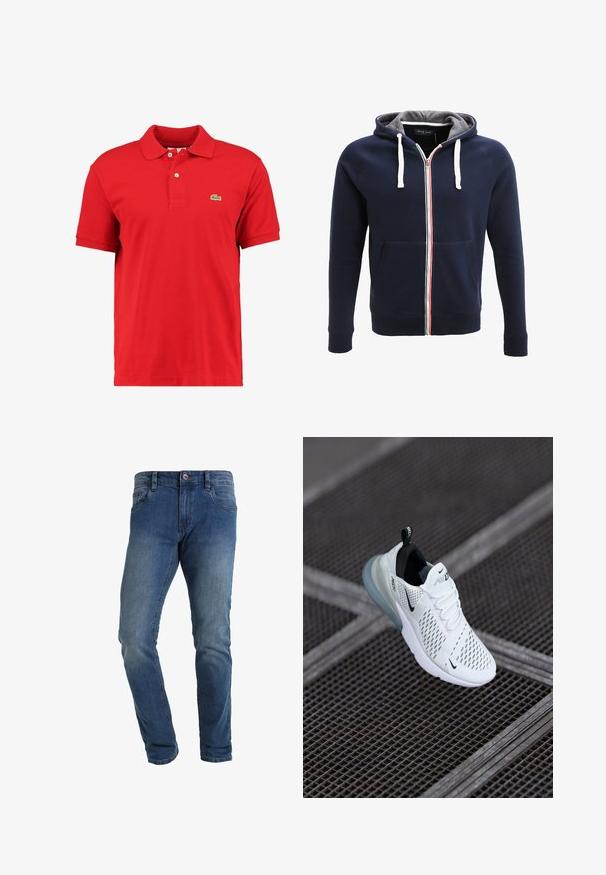 Marineblaue Zip-Hoodie mit grauem Innenfutter, weißen Kordeln und einem roten und weißen Streifen in der Mitte. Verfügt über Fronttaschen.; Rotes Polohemd aus strukturiertem Baumwollstoff mit klassischem Kragen, kurzen Ärmeln, einer zwei-Knopf-Leiste und einem kleinen grünen Logo auf der Brust.; Jeans aus dunkelblauem Denim, Slim-Fit-Design, im Five-Pocket-Stil, mit sichtbarem Knopf- und Reißverschluss, vorne mit leichter Ausbleichung.; Weißer Sportschuh mit perforiertem Mesh-Obermaterial, schwarzen Akzenten, sichtbaren Schnürsenkeln und einer durchsichtigen Luftpolstersohle.