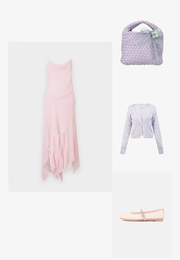 Licht lavendelkleurig gebreid vest met lange mouwen, geometrisch oogjespatroon en een sluiting met strik aan de voorkant.; Roze midi-jurk met dunne banden, met een gedrapeerde bovenkant en een asymmetrische zoom. Gemaakt van lichte, vloeiende stof met een zachte textuur.; Licht beige platte schoen met een puntige neus en een enkele gesp aan de zijkant, weergegeven op een effen witte achtergrond.; Lavendelkleurige geweven handtas met gevlochten handvat, versierd met een doorschijnend kanten lint en een cluster van lichtgroene kralen.