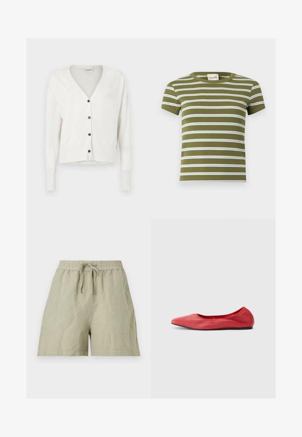 Cardigan blanc à col en V avec manches longues et quatre boutons foncés sur le devant, présenté sur un fond uni.; T-shirt côtelé vert olive à manches courtes avec des rayures blanches et bleu clair horizontales, col rond et étiquette de marque à l'intérieur du col.; Shorts décontractés beige clair avec taille élastique et cordon noué à l'avant, présentés à plat sur fond blanc.; Filippa K REY FLATS - Ballerines - bright red