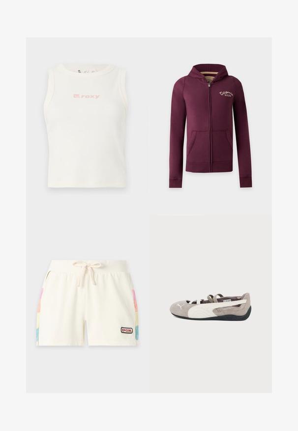 Sweat à capuche zippé bordeaux avec poches avant et capuche, avec le texte "California HCO" sur la poitrine gauche.; Débardeur blanc côtelé avec un col rond et un petit logo "Roxy" rose sur la poitrine. Texture lisse, design ajusté, sans manches.; Shorts écru avec cordon de serrage, taille côtelée, poches latérales avec panneaux multicolores et petit logo "Rip Curl" sur la jambe avant droite.; Ballerine plate en daim brun clair avec logo Puma blanc, bande latérale blanche, sangles élastiques et semelle en caoutchouc noire.