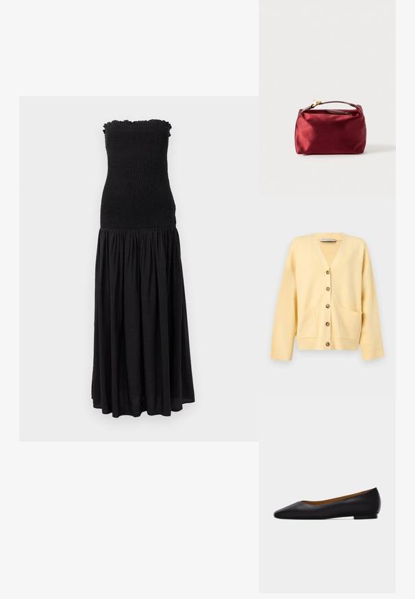 Cardigan jaune clair avec col en V, manches longues, cinq boutons à l'avant et deux poches sur le bas avant.; Robe maxi noire avec un corsage smocké, un bord supérieur volanté et une jupe fluide. Le tissu semble léger avec une texture subtile.; Chaussure plate en cuir noir à bout pointu avec talon bas et finition lisse, vue de côté sur un fond gris clair.; Trousse de maquillage en satin bourgogne de forme rectangulaire, avec fermeture éclair et une poignée courte. Présente un design minimaliste et une texture lisse.