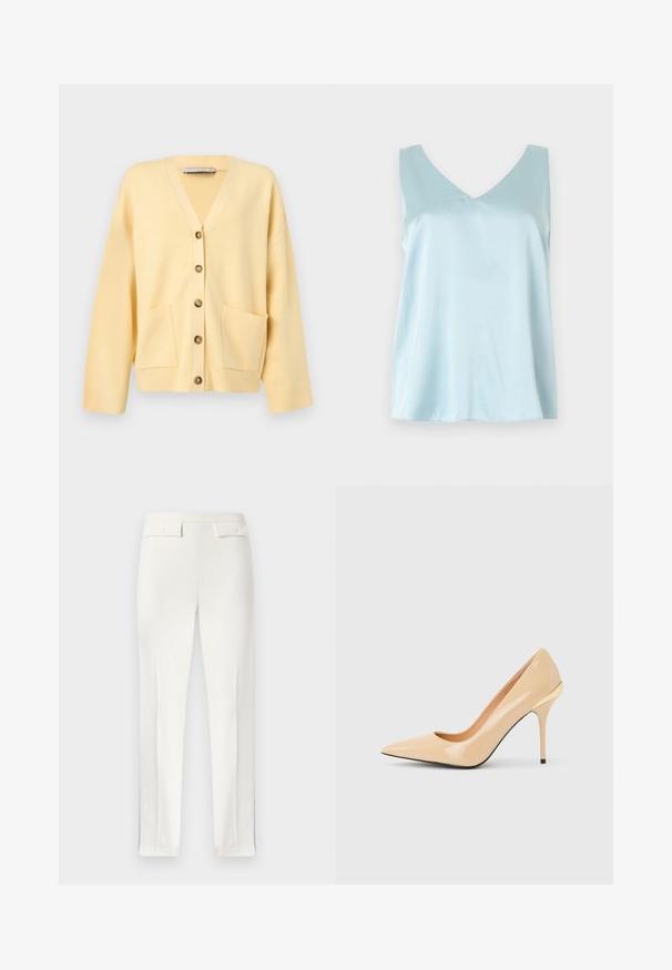 Cardigan jaune clair avec col en V, manches longues, cinq boutons à l'avant et deux poches sur le bas avant.; Haut sans manches en satin bleu clair avec encolure en V, coupe ample et texture lisse et brillante sur un fond uni.; Pantalon blanc pour femmes, cintré, avec pince avant et deux poches à rabat boutonnées sur la ceinture, présenté à plat.; Escarpin à talon haut en cuir verni beige avec bout pointu et talon aiguille fin, orné d'un petit accent doré à l'arrière.