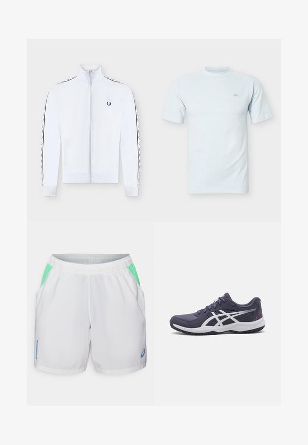 Witte trainingsjas met ritssluiting en hoge kraag, lange mouwen met zwarte lauwerkrans-logo strepen, zijzakken en klein zwart geborduurd logo op de borst.; Effen lichtblauw T-shirt met korte mouwen en ronde hals, met een klein subtiel logo op de linkerborst.; Witte sportshorts met groene mesh-zijkanten, elastische tailleband en een blauw logodetail aan de linkerkant. Lichtgewicht en ademend materiaal.; Donkerblauwe sport schoenen met witte accenten, textuur aan de bovenkant, laag uitgesneden ontwerp, gevoerde zool en vetersluiting.