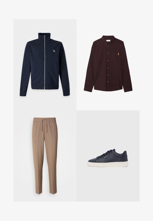 Marineblauw jasje met rits, opstaande kraag en een klein meerkleurig zebra-logo op de linkerborst.; Bordeaux lange mouwen button-up shirt. Gemaakt van textuurstof met een zak en een bruin labelaccent. Voorzien van gouden knopen en een klassieke kraag.; Bruine, geweven stoffen broek met een relaxte pasvorm, trekkoord taille en plooien aan de voorkant. Rechte pijpen en geen zichtbare zakken of hardware.; Marineblauwe leren sneakers met een afgeronde neus, een vlakke witte rubberen zool en decoratief stiksel. Voorzien van tonale veters en een subtiel logo aan de zijkant.