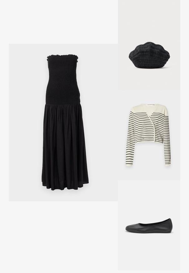 Cardigan court en crème, présentant des rayures noires horizontales. Conçu avec un col en V, des manches longues et une fermeture à double bouton pour plus de détail.; Robe maxi noire avec un corsage smocké, un bord supérieur volanté et une jupe fluide. Le tissu semble léger avec une texture subtile.; Ballerines en cuir noir avec un bout rond, texture lisse, détails de couture minimalistes et design de semelle flexible.; Sac à main en osier noir en forme de coquille Saint-Jacques avec un dessus courbé et une texture tressée sur un fond uni.