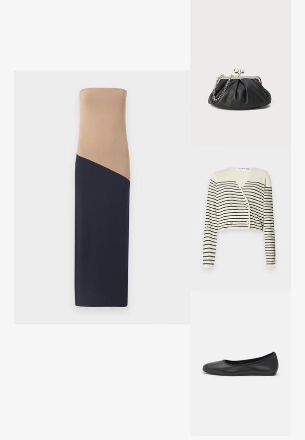 Geknipte cardigan in crème, met zwarte horizontale strepen. Ontworpen met een V-hals, lange mouwen en een dubbele knoopsluiting voor detail.; Strapless, aansluitende jurk met een beige top en een donker marineblauwe onderkant, met een diagonale naaddetail, gemaakt van een gladde, elastische stof.; Zwarte leren ballerina met een ronde neus, gladde textuur, minimale stikdetails en een flexibele zoolontwerp.; Zwarte leren clutch met geplooide textuur, zilverkleurig metalen frame, drukknopsluiting en kettingriem. Glad, zacht oppervlak.