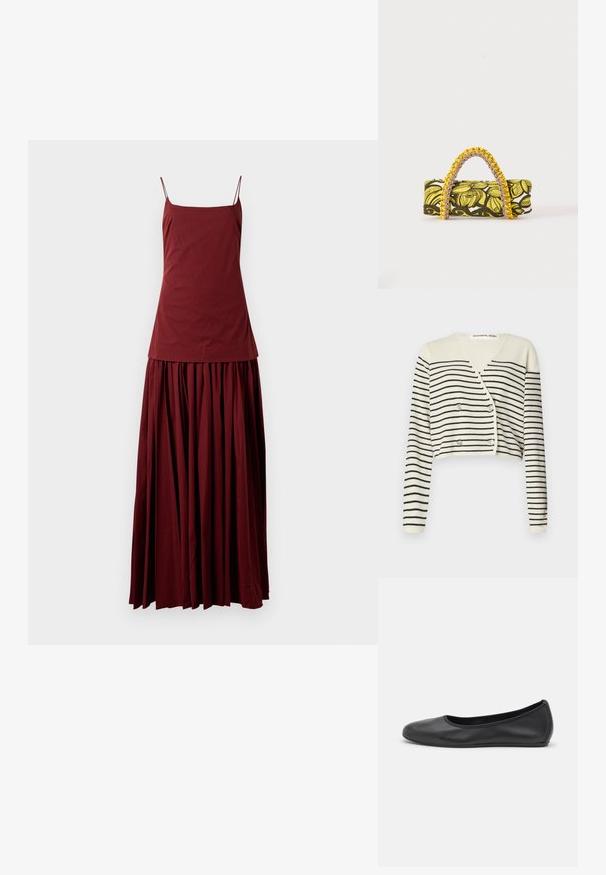 Cardigan court en crème, présentant des rayures noires horizontales. Conçu avec un col en V, des manches longues et une fermeture à double bouton pour plus de détail.; Robe sans manches bordeaux avec un haut ajusté et une jupe fluide plissée. Confectionnée en tissu léger, elle dispose de fines bretelles spaghetti.; Ballerines en cuir noir avec un bout rond, texture lisse, détails de couture minimalistes et design de semelle flexible.; Sac rectangulaire avec motif floral jaune et noir et anse tressée jaune et rose sur fond blanc.