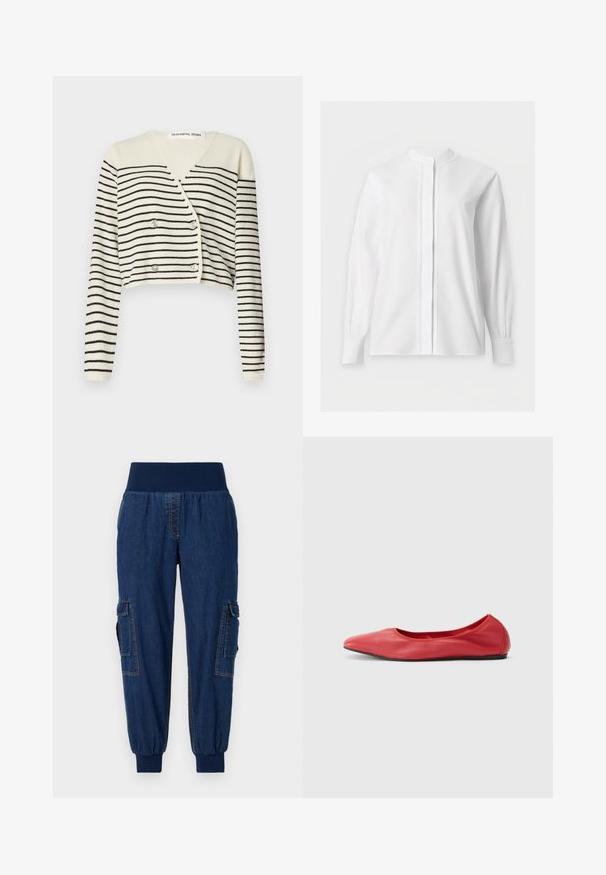 Geknipte cardigan in crème, met zwarte horizontale strepen. Ontworpen met een V-hals, lange mouwen en een dubbele knoopsluiting voor detail.; Witte blouse met lange mouwen, mandarijnkraag en verborgen knoopsluiting, getoond op een effen witte achtergrond.; Denim joggers met een brede elastische tailleband, twee zijvakken met klep en ribgebreide enkels; donkere blauwe kleur met contrasterende stiksels.; Filippa K REY FLATS - Ballerina's - bright red