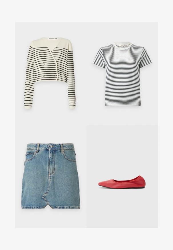 Afkortet cardigan i creme med sorte vandrette striber. Designet med V-hals, lange ærmer og dobbelte knapper som detalje.; Stribet T-shirt i hvid og marineblå med korte ærmer og rund halsudskæring. Har vandrette striber i forskellige bredder. Blødt bomuldsstof.; Lysblå denimnederdel med rå kant og skrå lomme foran, prydet med kontraststing og en enkelt knaplukning ved taljen.; Filippa K REY FLATS - Ballerinasko - bright red