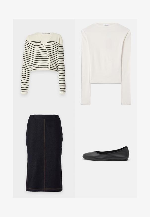 Afkortet cardigan i creme med sorte vandrette striber. Designet med V-hals, lange ærmer og dobbelte knapper som detalje.; Hvid langærmet top lavet af bomuld, med en simpel rund hals og en slim fit. Stof er glat med en let stræk.; Denim blyantnederdel i mørkeblå med lige snit og sideslidser, med kontrastfarvet orange syninger langs sømmene. Elastisk talje for komfort.; Sort læderballetsko med rund tå, glat tekstur, minimal syning og et fleksibelt såldesign.