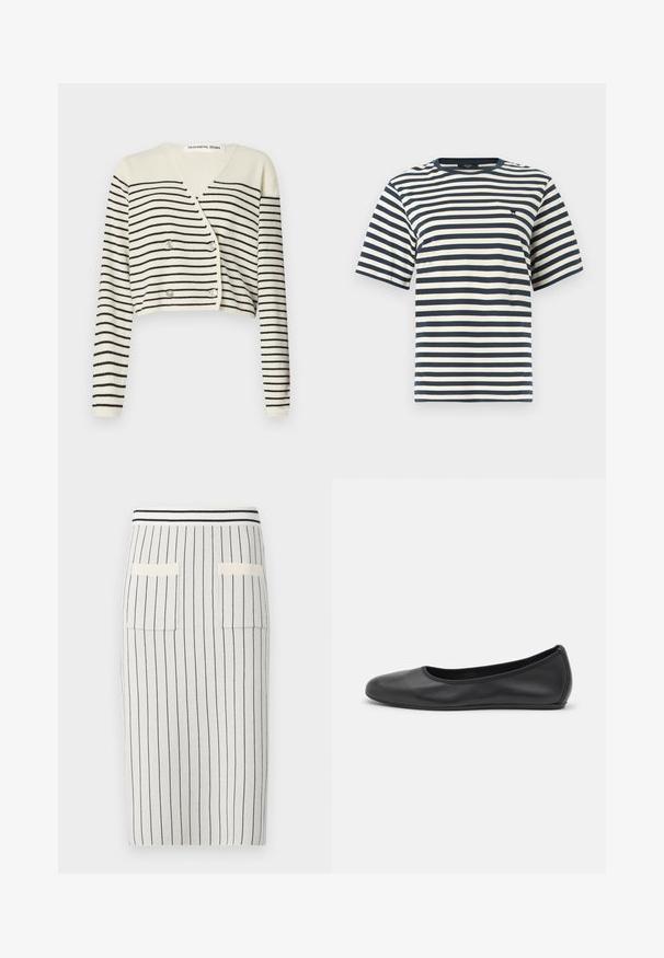 Afkortet cardigan i creme med sorte vandrette striber. Designet med V-hals, lange ærmer og dobbelte knapper som detalje.; Kortærmet t-shirt med rund hals, marineblå og hvide vandrette striber samt en lille sort broderet logo på brystet.; Strikpencilskørt i lysegrå med mørke lodrette striber, der har en ribbet talje og to baglommer. Glat tekstur.; Sort læderballetsko med rund tå, glat tekstur, minimal syning og et fleksibelt såldesign.