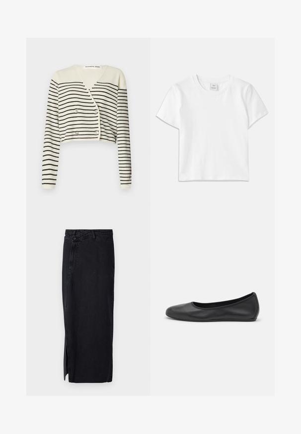 Cardigan court en crème, présentant des rayures noires horizontales. Conçu avec un col en V, des manches longues et une fermeture à double bouton pour plus de détail.; T-shirt en coton blanc avec un col rond, des manches courtes et un ourlet droit. Étiquette marquée "Won Hundred" au centre de l'encolure.; Jupe en denim noir à taille haute, avec une fente sur le côté et un design classique à cinq poches. Texture lisse et silhouette droite.; Ballerines en cuir noir avec un bout rond, texture lisse, détails de couture minimalistes et design de semelle flexible.