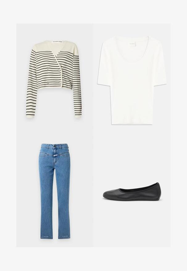 Afkortet cardigan i creme med sorte vandrette striber. Designet med V-hals, lange ærmer og dobbelte knapper som detalje.; Hvid kortærmet T-shirt med rund halsudskæring. Fremstillet af blødt bomuldsstof, har den en afslappet pasform og minimalistisk design.; Lysblå denimjeans med lige ben, høj talje og to forlommer. Har knaplukning og mærkegenkendelse nær kanten.; Sort læderballetsko med rund tå, glat tekstur, minimal syning og et fleksibelt såldesign.