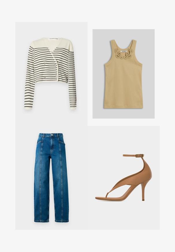 Afkortet cardigan i creme med sorte vandrette striber. Designet med V-hals, lange ærmer og dobbelte knapper som detalje.; Ærmeløs beige tanktop med ribbet tekstur og dekorativ blonderdetalje nær udskæringen, mærket "Ivy Oak."; Højtaljede blå denim jeans med brede ben, lodrette sømme foran, sidelommer, bæltestropper og knaplukning.; Lys brun læder sandal med høj hæl, ankelrem, åben tå og front design med snor, vist i profil på ensfarvet baggrund.