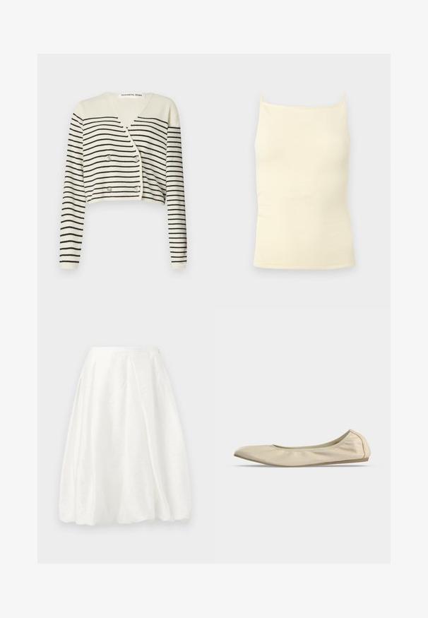 Geknipte cardigan in crème, met zwarte horizontale strepen. Ontworpen met een V-hals, lange mouwen en een dubbele knoopsluiting voor detail.; Roomkleurige geribbelde gebreide camisetetop met dunne bandjes en een rechte halslijn op een neutrale achtergrond.; Witte, rok tot de knie met een gestructureerde stof, met een hoge taille en een uitlopende ontwerp voor een volumineus effect.; Beige zachte leren ballerina met afgeronde neus, laag uitgesneden zijprofiel en slanke rubberen zool op een effen witte achtergrond.