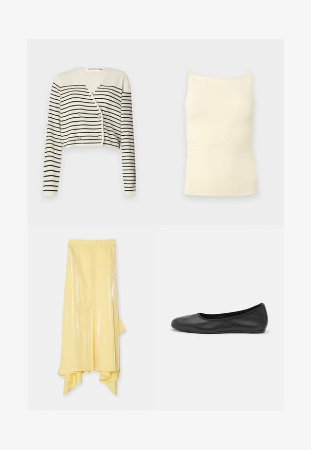 Cardigan court en crème, présentant des rayures noires horizontales. Conçu avec un col en V, des manches longues et une fermeture à double bouton pour plus de détail.; Haut caraco en maille côtelée couleur crème avec fines bretelles et encolure droite sur un fond neutre.; Jupe midi jaune avec un ourlet asymétrique, fabriquée en tissu brillant et lisse. Elle présente une taille ajustée et une silhouette fluide.; Ballerines en cuir noir avec un bout rond, texture lisse, détails de couture minimalistes et design de semelle flexible.